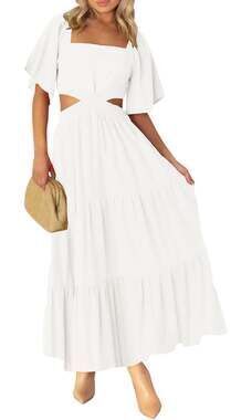 LEANI Women's Square Neck Cutout Maxi Dress with Flutter Short Sleeves and Tiere